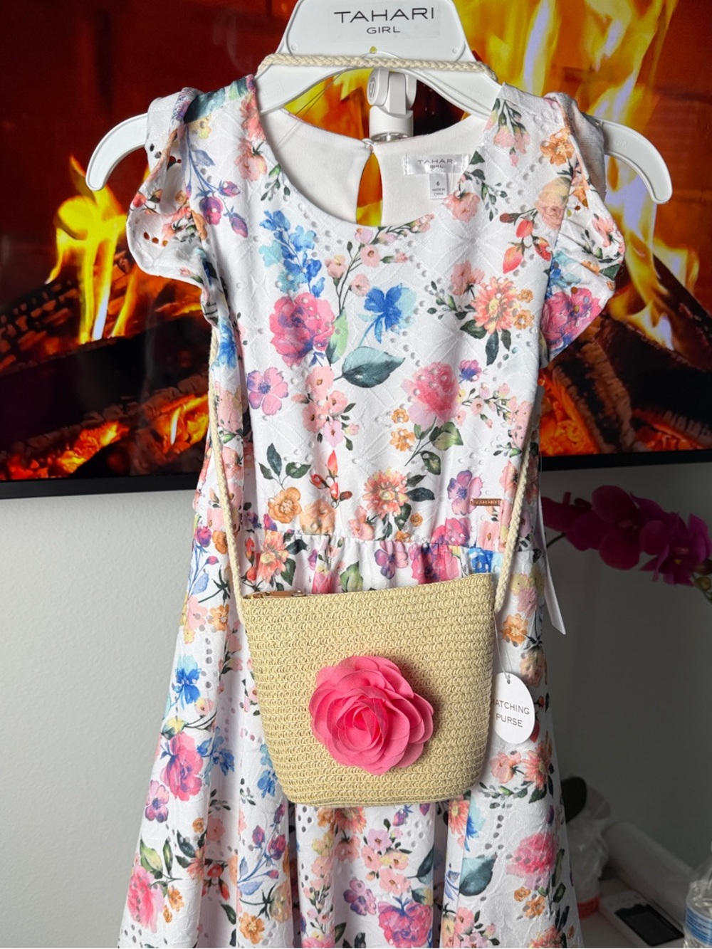 Tahari Girl White Floral Casual Dress with Pink & Blue Accents